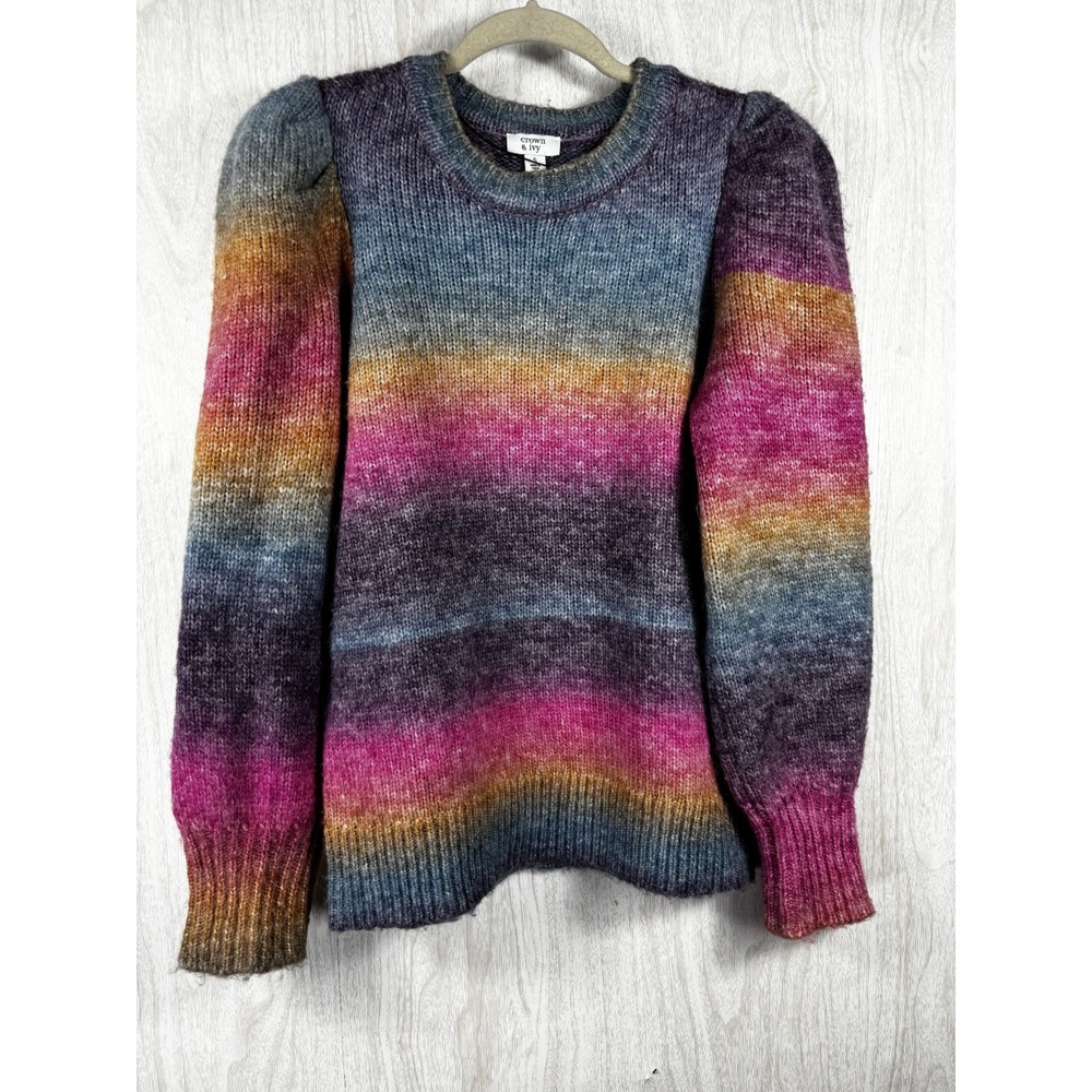 Crown & Ivy Ombre Puff‎ Sleeve Sweater Womens S Colorful Cozy Knit Chic